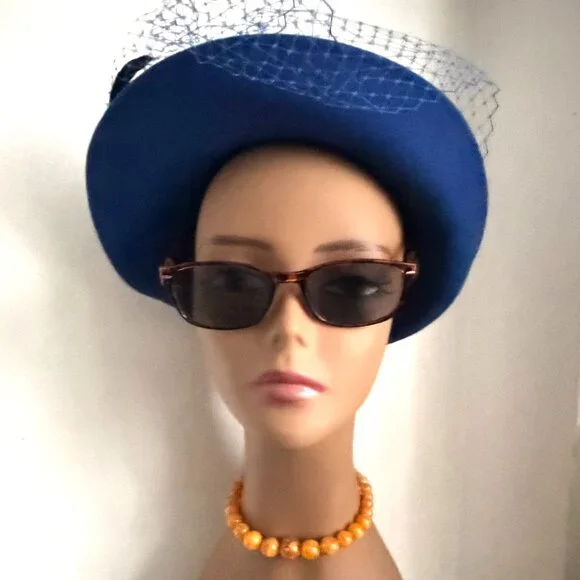 Vintage 50s USA Bollman Tilt Hat Cobalt Royal Blue Wool Brim Veil Feather Fedora